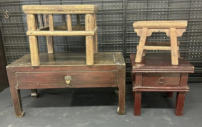 (4) pc. Asian lot of small cabinets, and stools…..some wear to finishes, just as we found them (1 of 2)