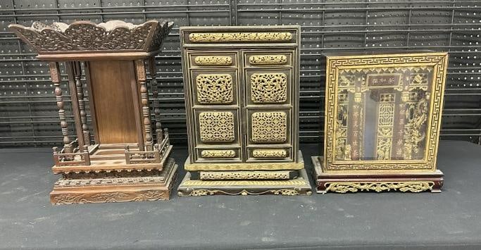 (3) Asian table top cabinets to include - fancy carved open display cabinet measuring 17.5" high x (1 of 7)