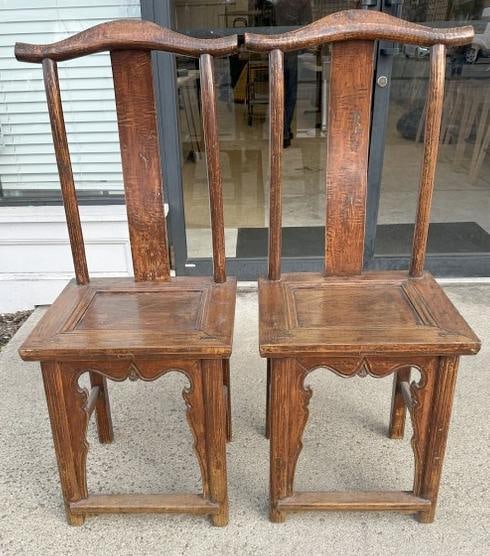 Pair Chinese hardwood armchairs, in old finish, nice patina, structurally sound, measures 46.5" high (1 of 2)