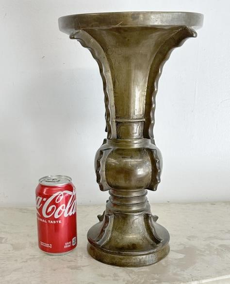 Chinese GU form bronze 14.25" high vase ( bottom is loose and falls out ), nice form, nice overall (1 of 2)