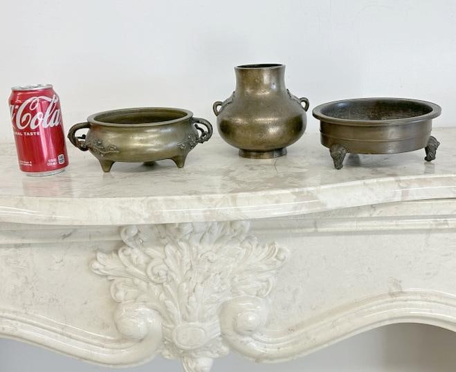 (3) pc.Chinese bronze lot including (2) censers & vase, all marked on bottoms as pictured. The (1 of 9)