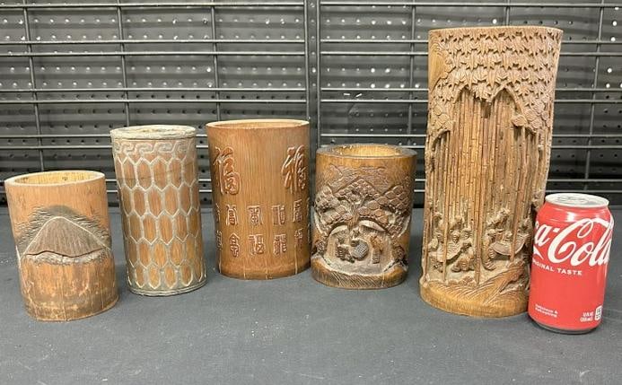 (5) carved woodenware Asian brush pots and vases, tallest measures 10.75" high to show scale. From (1 of 7)