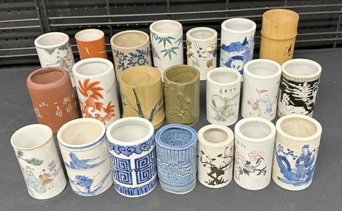 (21) Asian brush pots, all ceramic except (1) wood one…a few with a small chip here or (1 of 5)