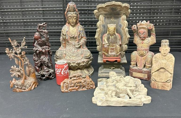 (8) wood Asian carved statues, etc. just as we found them, some in better condition than others, (1 of 4)