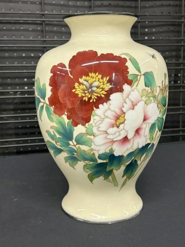 Ando Jubei sterling cloisonne large floral vase, in fine condition, marked on bottom, measures (1 of 4)