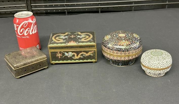 (4) cloisonne covered boxes, overall nice condition, to show scale the largest box measures 5 3/8" (1 of 15)
