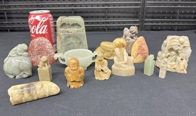 (15) pcs. Jade or hardstone objects, some with scenic carvings, to show scale the tallest piece (1 of 11)
