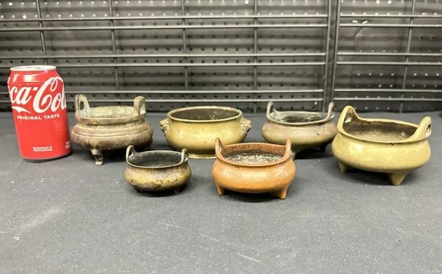 (6) bronze - brass Censers, all marked on bottom but (2), just as we found them, largest measures (1 of 11)