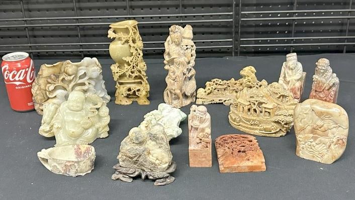 (14) pcs. Jade, hard stone or soapstone objects…good overall condition, some nice carvings, to (1 of 12)