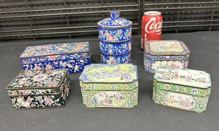 (6) pcs. Chinese cloisonne - enamel boxes, including stacking box, in nice overall condition except (1 of 13)