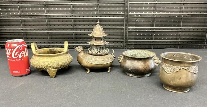 (4) pc. Chinese bronze lot to include (3) censers, and bowl, including (2) pc. Censer with top, nice (1 of 12)