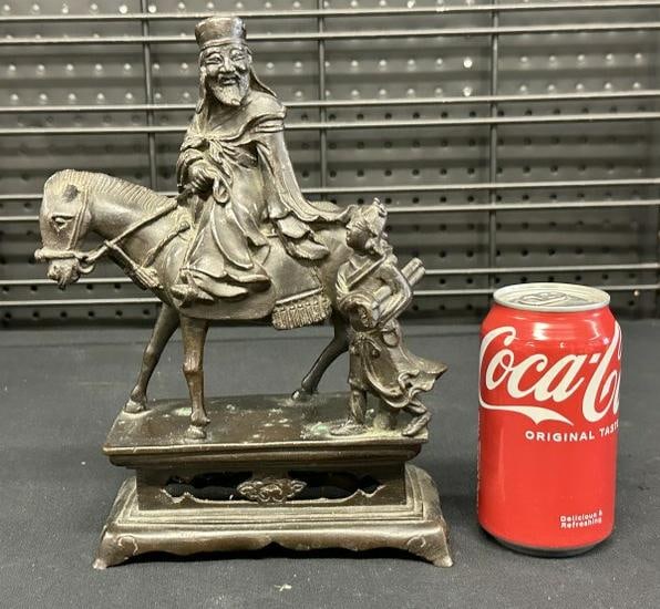 Chinese bronze horse and rider with attendant, early 20th century. Has (1) ear missing of the horse (1 of 6)