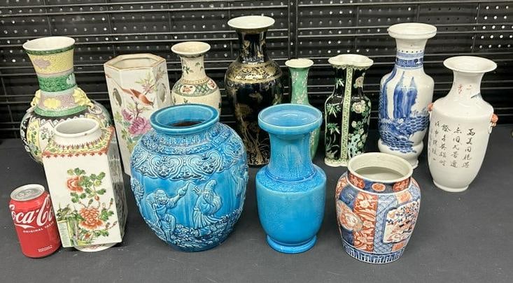 (12) porcelain & ceramic Asian vases, some marked on bottoms, some not, a minor chip on a few of (1 of 7)