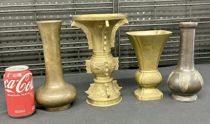 (4) Chinese bronze vases, good overall condition, a tiny ding one one, to show scale the tallest one (1 of 8)