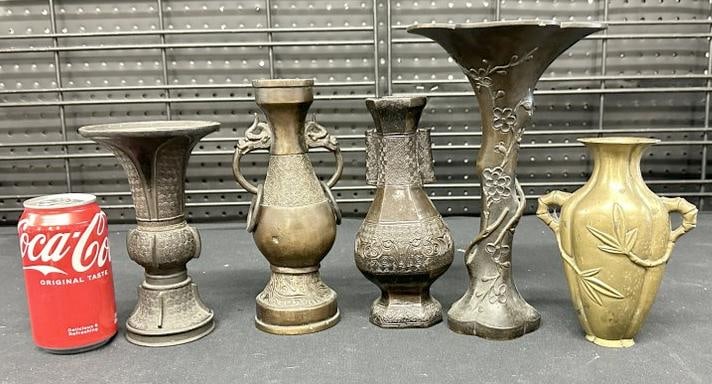 (5) Asian bronze vases, overall good condition, a small ding on one, no markings on bases as (1 of 5)