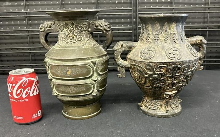 (2) Asian bronze decorated vases, old patina, just as we found them, nice overall condition, measure (1 of 4)