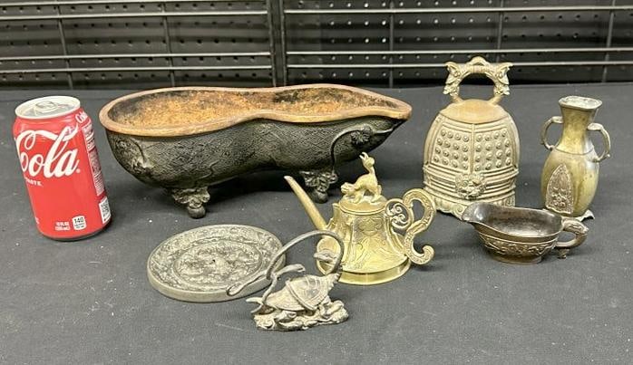 (7) pc. Asian bronze lot to include bell, vase, teapot, not sure what the large bowl like object is, (1 of 10)