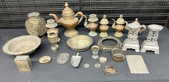 Lot of Asian & related metal wares, copper, bronze, etc. Good lot for a dealer to sort out... From (1 of 9)