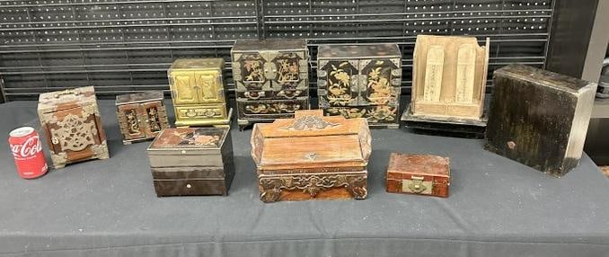 (9) pcs. Asian wood small cabinets, with drawers inside, and boxes, plus a box that lifts top off (1 of 9)