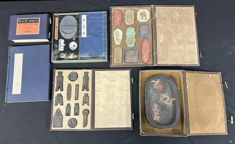 Asian calligraphy and related lot with stamps, etc. as pictured, also (2) books, titles pictured, in (1 of 10)