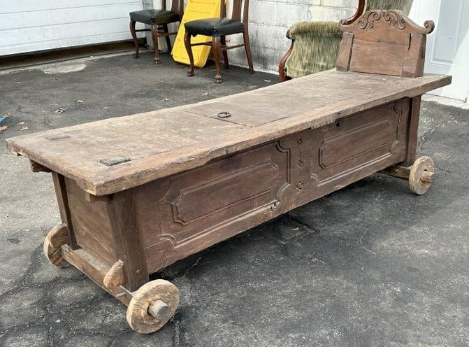 South Asian Rice Table Cart, with lift top doors for storage, all (4) wheels intact, has age wear, (1 of 4)