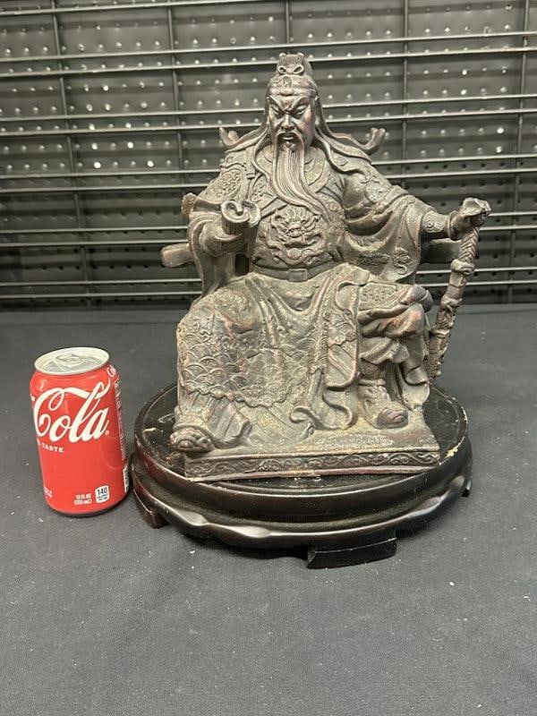 Iron Buddha statue of Guan Yu, dark patina, nice condition, on revolving wood base not original to (1 of 3)
