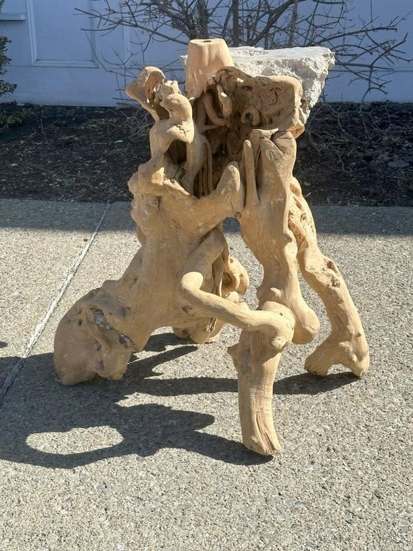 Root table base with quartz stone set in, ( has sculpture on it ), structurally sound, measures 32" (1 of 4)