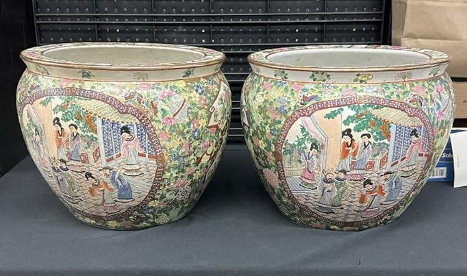 Pair contemporary Chinese poercelain jardinaires, in nice condition, measure 12" high x 14.5" across: Pair contemporary Chinese poercelain jardinaires, in nice condition, measure 12" high x 14.5" across the tops. From Kingston, N.Y. estate of Paul Wang, long time owners of Chinese Restaurants in Kings