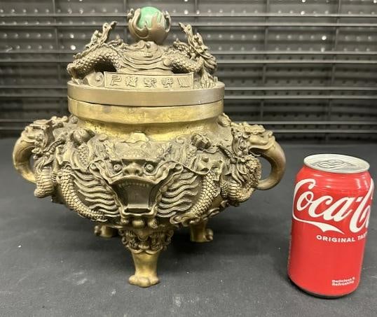Chinese bronze Dragon Incense Burner, very detailed, in very nice condition. Measures 10" high x (1 of 8)