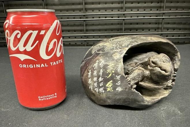 Chinese carved hard stone turtle in rock, signed as pictured, nice overall condition, measures 6" (1 of 6)