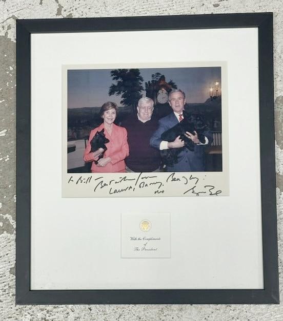 Signed George & Laura Bush photograph with Bill Berry and the (2) Scottish Terriers purchased from