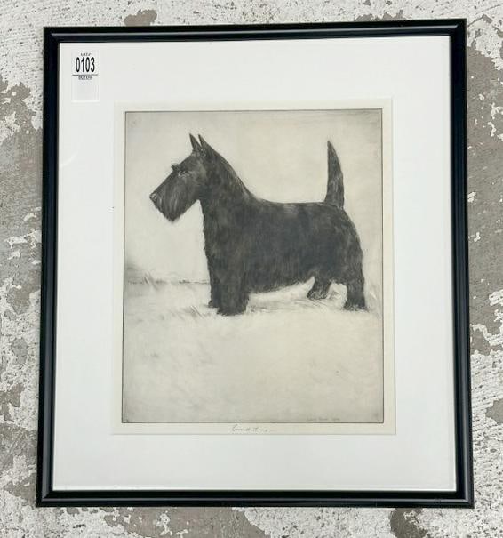 Levon West (1900 - 1968) Scottish Terrier etching, pencil signed by Artist on bottom edge, very: Levon West (1900 - 1968) Scottish Terrier etching, pencil signed by Artist on bottom edge, very nice estate condition, etching measures 12" x 10", frame measures 18" x 16", nicely matted. From the est