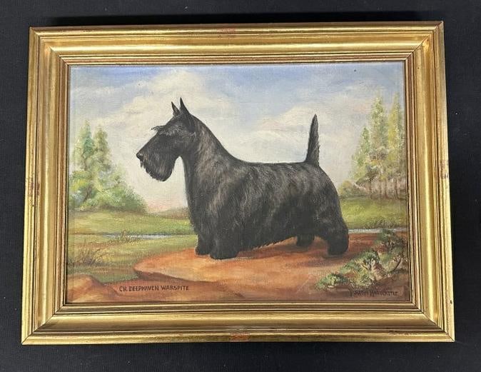 Dorothy Hardcastle ( 1919-1984 ), o/c portrait of ( CH. DEEPHAVEN WARSPITE ), Scottish Terrier,: Dorothy Hardcastle ( 1919-1984 ), o/c portrait of ( CH. DEEPHAVEN WARSPITE ), Scottish Terrier, signed lower right, nice condition, painting measures 10" x 14", the frame measures 12.5" x 16.5". From 