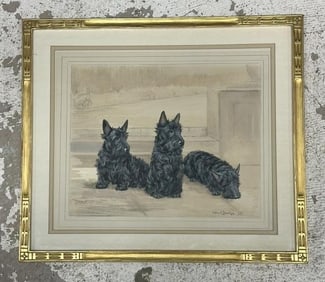 Reuben Ward Binks (1880 - 1950) gouache & watercolor of (3) Scottish Terriers, dated 1935, signed