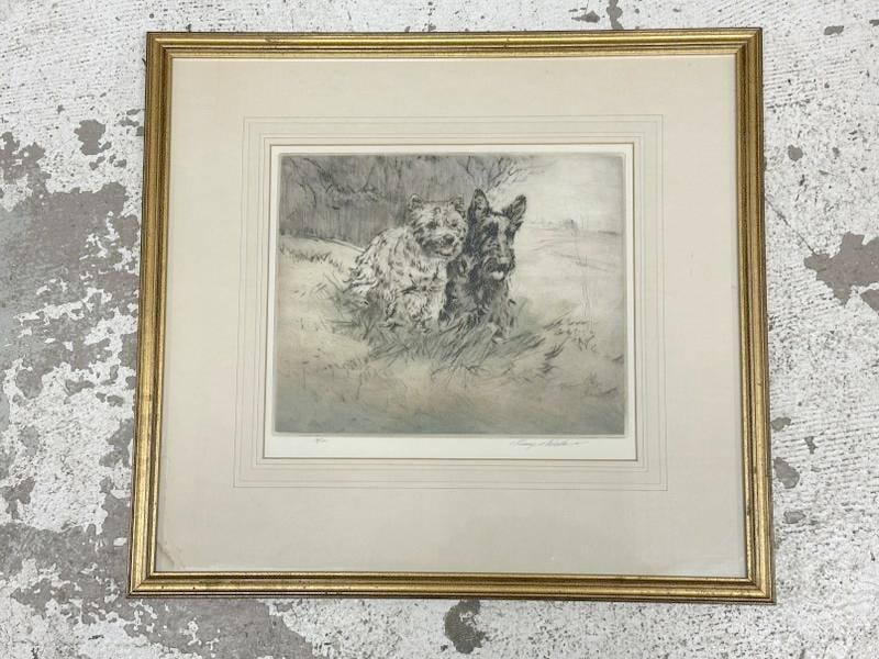 Henry Wilkinson (1921 - 2011) signed etching of (2) dogs including a Scotty, it's numbered 59 od: Henry Wilkinson (1921 - 2011) signed etching of (2) dogs including a Scotty, it's numbered 59 od 100, in very nice condition, small water stain on mat in lower left corner. The print measures 10" x 12