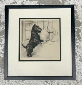 Morgan Dennis (1892 - 1960) etching of (2) Scotties ( black & white ), looking out the window,