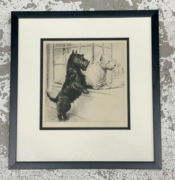 Morgan Dennis (1892 - 1960) etching of (2) Scotties ( black & white ), looking out the window,: Morgan Dennis (1892 - 1960) etching of (2) Scotties ( black & white ), looking out the window, pencil signed lower right. Nicely framed and matted, etching measures 10" x 10", the frame measures 17.5"