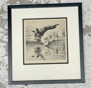 Morgan Dennis (1892 - 1960) etching of (2) Scotties looking at their reflections in the water,