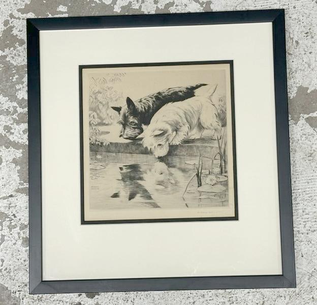 Morgan Dennis (1892 - 1960) etching of (2) Scotties looking at their reflections in the water,: Morgan Dennis (1892 - 1960) etching of (2) Scotties looking at their reflections in the water, Artist signed in pencil lower right. In very nice condition, nicely framed and matted. Etching measures 9