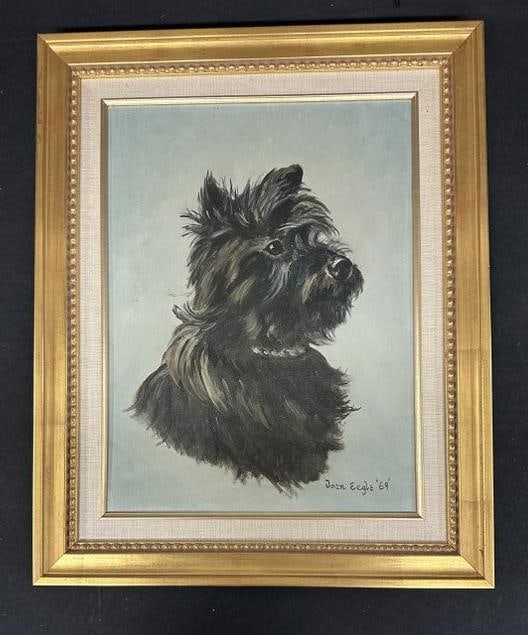 Joan Engle o/c portrait of a Scotty, signed and dated 1969, in very nice condition, the painting: Joan Engle o/c portrait of a Scotty, signed and dated 1969, in very nice condition, the painting measures 16" x 12", the frame measures 21" x 17". From the estate of world renowned Scottish Terrier en