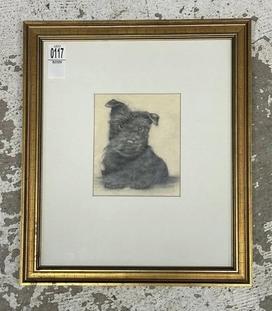 Marion Needham Krupp signed pencil drawing of a baby Scotty, signed and dated 1990. On back is: Marion Needham Krupp signed pencil drawing of a baby Scotty, signed and dated 1990. On back is information as pictured, and inscribed to Marie & Bill, owners of Motherwell Breeders...signed by Marion 