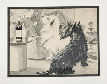 Morgan Dennis (1892 - 1960) original gouache illustration with black & white Scotties at their