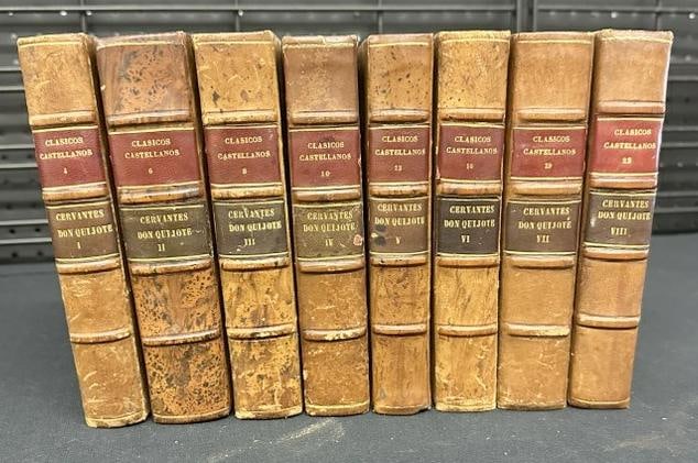 (8) volume leather bound set of Clasicos Castellanos DON QUIJOTE, nice overall condition, Volumes: (8) volume leather bound set of Clasicos Castellanos DON QUIJOTE, nice overall condition, Volumes numbered 1-8, Published dates go to 1935-1944. From estate in Hydse Park, N.Y.