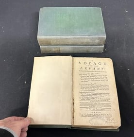 (3) volume set (1741 London), ( A VOYAGE INTO THE LEVANT ), old rebound green cloth covers, intact,
