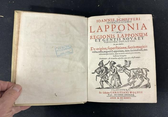 (1673 ) JOANNIS SCHEFFERI AR GENTORATENSIS LAPPONIA REGIONIS LAPPONUM….outer boards and spine: (1673 ) JOANNIS SCHEFFERI AR GENTORATENSIS LAPPONIA REGIONIS LAPPONUM….outer boards and spine intact, tear in crease of fold out map, some foxing, nice illustrations. From Hyde Park, N.Y. estate.