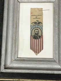 General Grant our next President silk campaign ribbon, in frame with pin through top holding it in