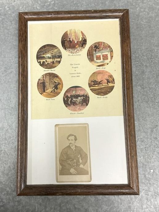 John Wilkes Booth CDV, nice condition, rounded corners, in small frame with print of The Lincoln: John Wilkes Booth CDV, nice condition, rounded corners, in small frame with print of The Lincoln Tragedy, Photographer stamp on back Webster and Popkins…..The frame measures 13" x 8". From estate in