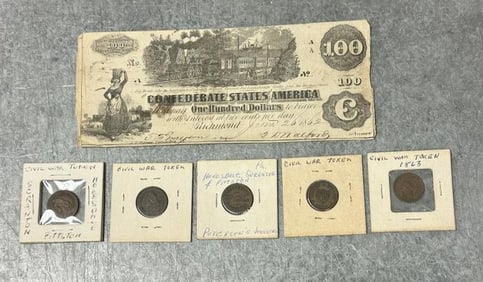 Civil War lot to include One Hundred Dollars Confederates States of America bill, dated 1862, on