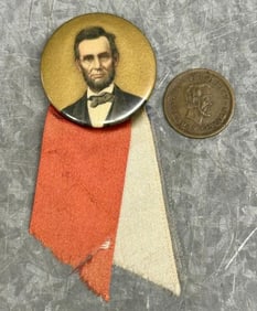 Abraham Lincoln pinback button & Lincoln-Johnson 1864 Presidential Token, nice condition. From