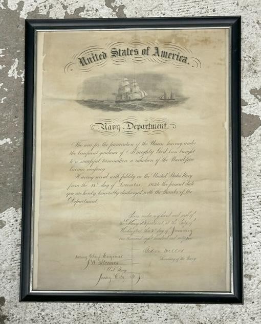 Gideon Welles signed Navy Department Discharge document, dated January 1866, framed, some light: Gideon Welles signed Navy Department Discharge document, dated January 1866, framed, some light staining and some small edge tears. Document measures 16" x 11", in black frame. Nicknamed " Father Nept